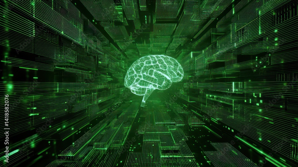 Poster a digital representation of a brain surrounded by a green neon circuit pattern, illustrating advance