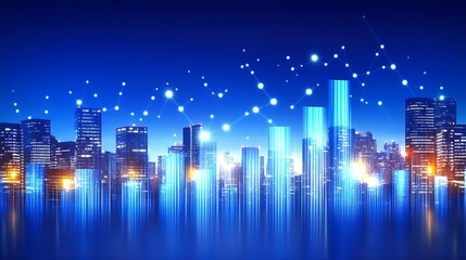 Smart City Night Skyline  Digital Network   Data Flow