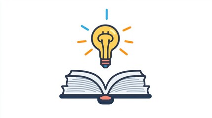 Open book, glowing lightbulb, idea, learning, education, white background, website design