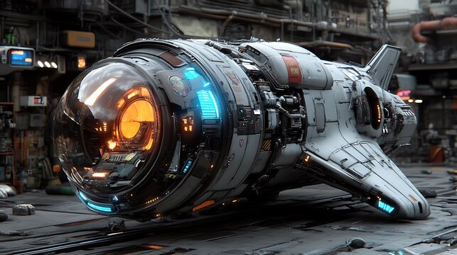 Futuristic Spaceship in Sci Fi Hangar