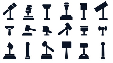 Auction gavel icons set; bidding, justice, law; white background; website design