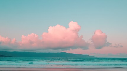 Pink clouds drift over ocean beach sunset; travel, website