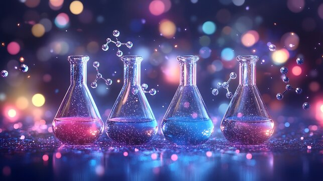 Glowing Erlenmeyer Flasks  Molecular Research  Science Concept