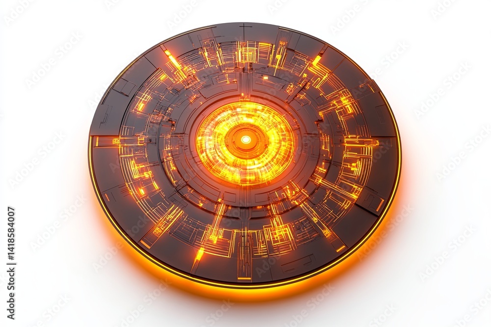 Poster futuristic circular design featuring glowing orange patterns and intricate circuitry elements