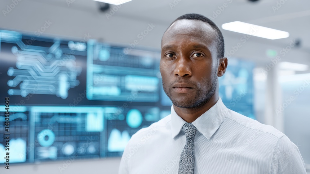 Poster a focused businessman standing in front of digital screens, showcasing graphs and data analysis for 