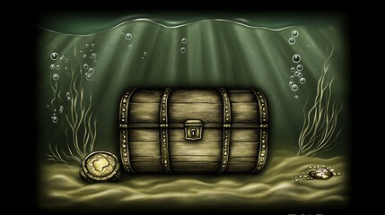 Antique wooden treasure chest resting on a seafloor.