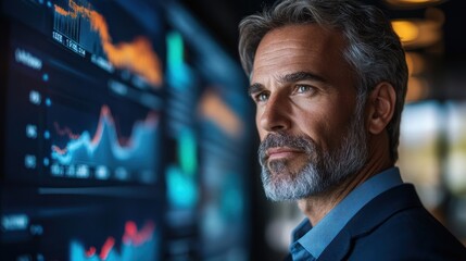 Fototapeta premium A focused businessman analyzes data on a digital screen, symbolizing modern decision-making and financial strategy.