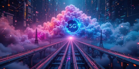 A vibrant futuristic cityscape featuring towering skyscrapers adorned with neon lights. Colorful clouds swirl above, casting a surreal glow over bustling streets filled with advanced technology.