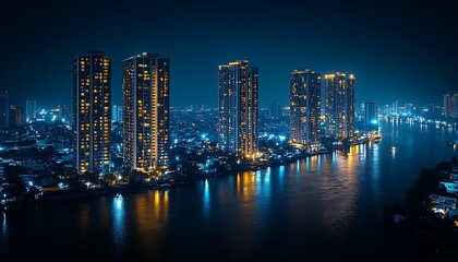 Fototapeta premium Night Cityscape with Illuminated Skyscrapers and River Reflections