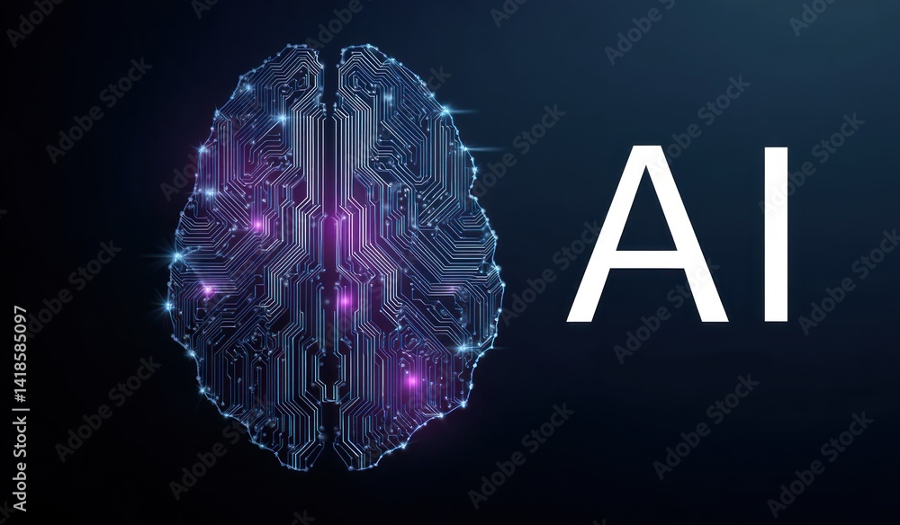 Poster a futuristic representation of artificial intelligence with a digital brain design glowing in neon c
