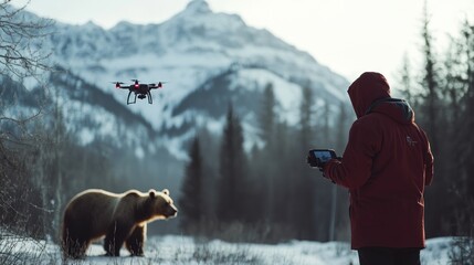Drone expedition, tracking wildlife in winter environment, featuring bear observation