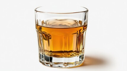 Whiskey, rocks glass, amber liquid, studio shot, white background, drink menu