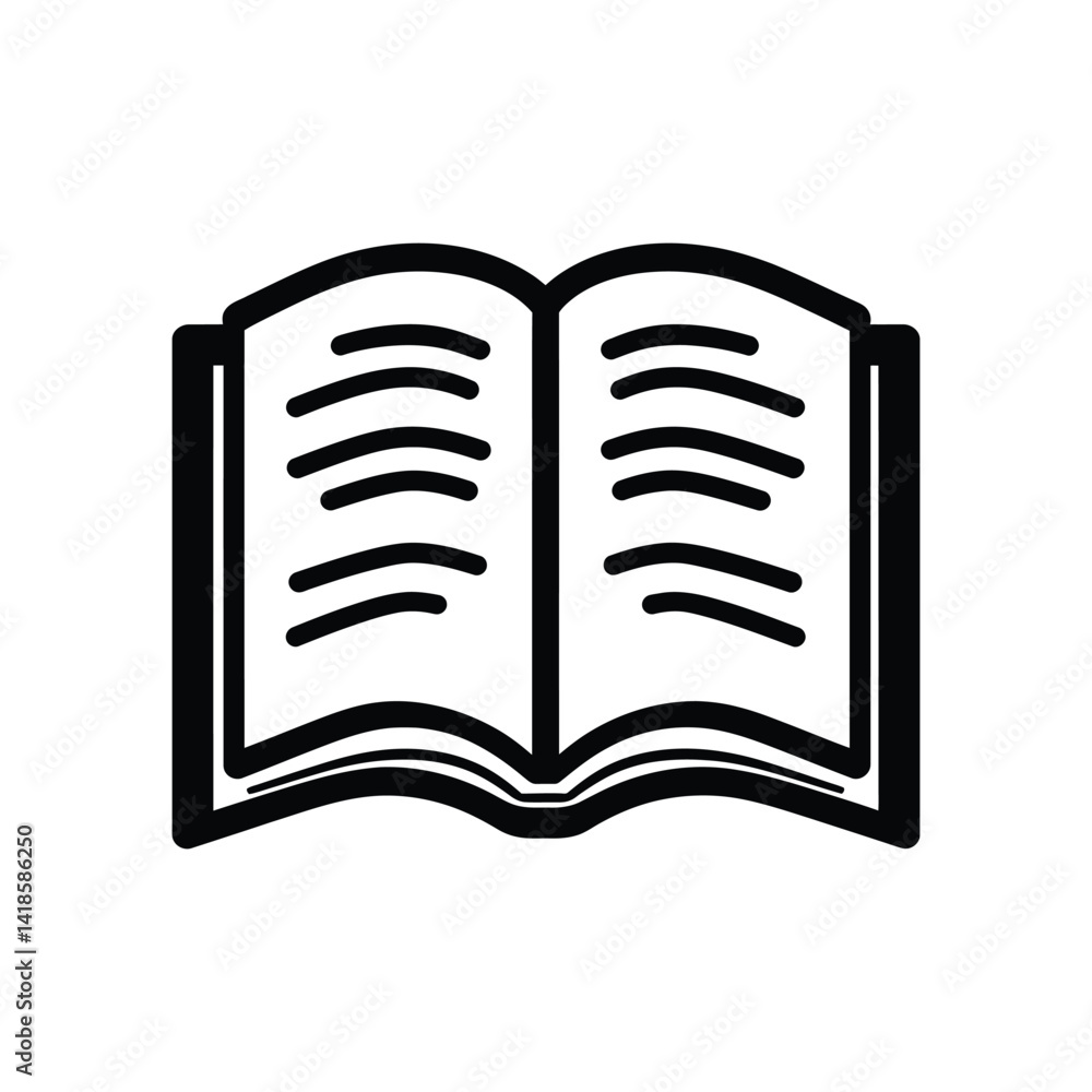 Poster book icon in black color open and displaying blank pages on transparent background