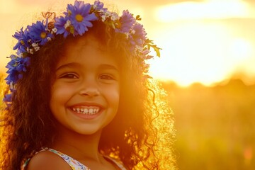 Fototapeta premium Golden hour in sunset. Happy brazilian child girl wearing blue flower circlet on her head. Happy vacation time symbol. Sunny holidays for kids. Girl with flowers in her hair.