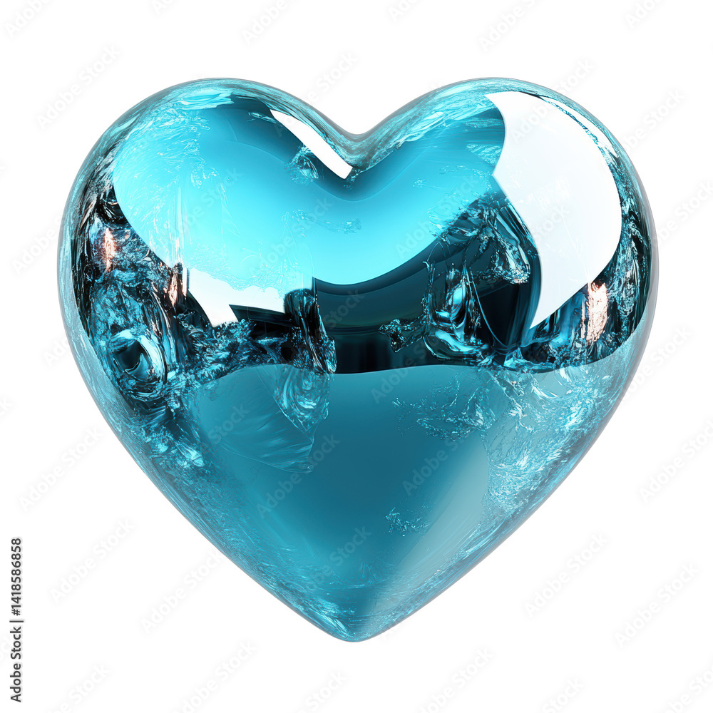 Poster heart shaped glass object with water splashing on it in a dynamic and captivating composition isolat