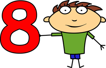 Boy holding number 8. Cartoon vector illustration. Background modern new