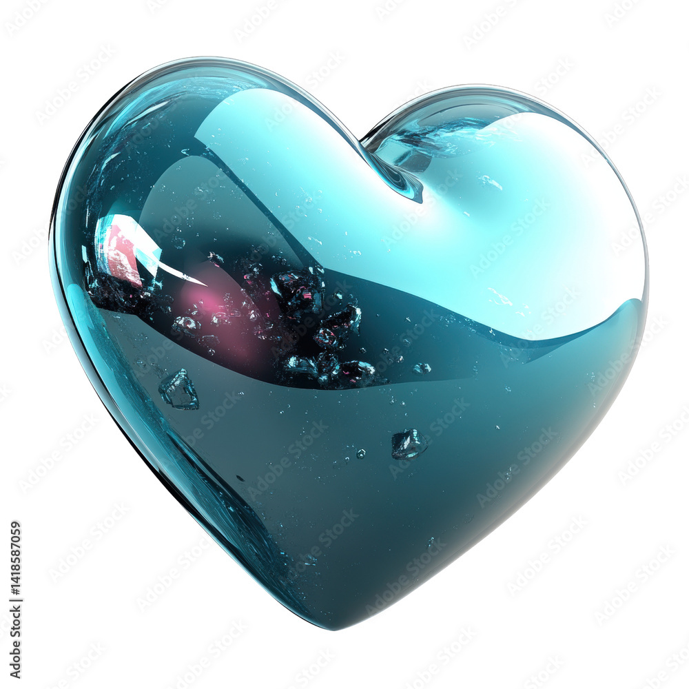 Poster heart shaped object filled with water and ice on a reflective surface against a neutral background i