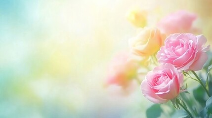 Obraz premium Pastel roses bouquet, sunny garden backdrop, spring greeting card