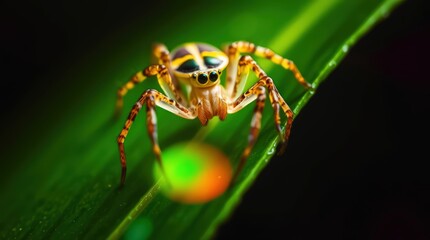 Fototapeta premium Colorful jumping spider on a vibrant green leaf.