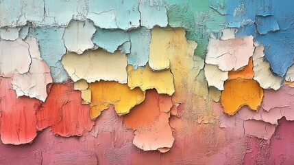 Vibrant, peeling paint reveals a colorful, textured wall.