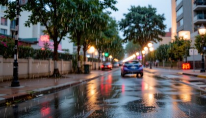 Fototapeta premium Cars driving through rainy streets at night urban environment cityscape atmospheric viewpoint