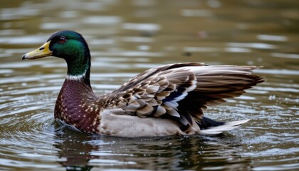 Obraz premium Swimming mallard duck in tranquil pond nature scene close-up view serene environment