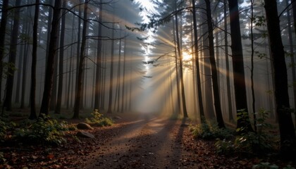 Fototapeta premium Sunlight streaming through misty forest nature photography tranquil environment scenic viewpoint