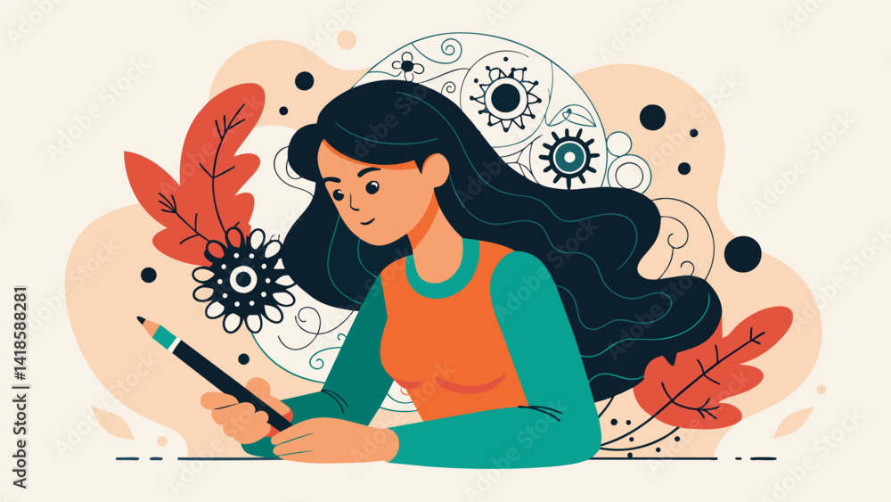 Poster a girl drawing intricate and delicate patterns with a black pen representing her complex thoughts an