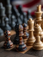 Obraz premium Mid-Game Strategy: 3D American-Themed Chess Set on Light Wooden Surface