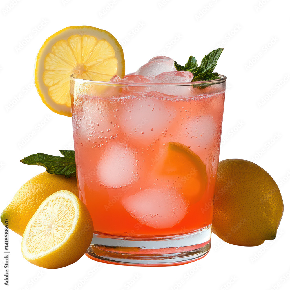 Poster glass of lemonade with a fresh slice of lemon on the rim placed on a wooden table background isolate