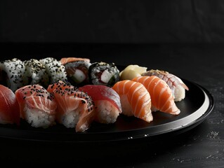 Plate of fresh sushi with various types of fish and rolls, minimalist presentation, Japanese artistry, dark background --ar 4:3 Job ID: 5e1fdf58-b760-4870-8ce0-b16abceb13bc