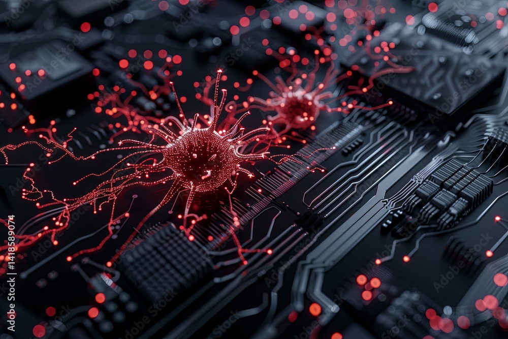 Poster technological threat visualization shows computer circuitry under virus attack at night