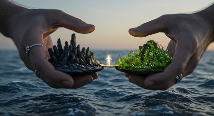 Glimmering Figure Bridges Dark and Verdant Worlds in Hands