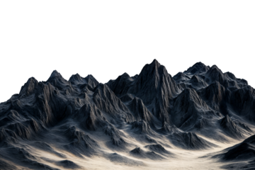 Rocky mountain range with dramatic peaks and barren landscape isolated on transparent background