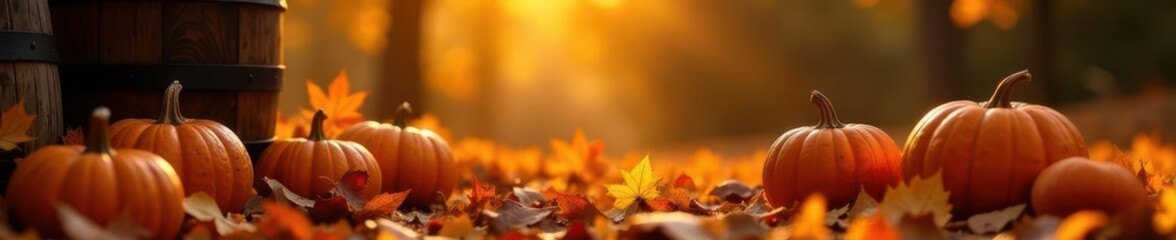 Golden hour pumpkins & barrels amidst colorful leaves , wallpaper image, country scene