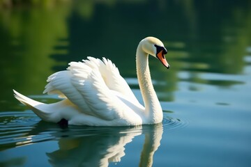 Naklejka premium Graceful white swan floats serenely on calm lake, tranquil, avian, day