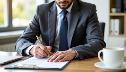 Business professional signing documents in office study environment close-up view productivity concept