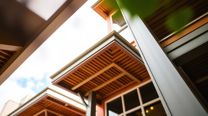 Modern building exterior with geometric lines and bright sky.
