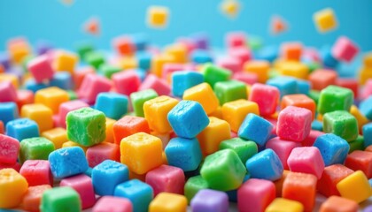 Colorful candy cubes bright background food photography playful atmosphere top-down view sweet treats concept