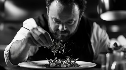 Monochrome culinary elegance chef sprinkling herbs dish presentation finesse