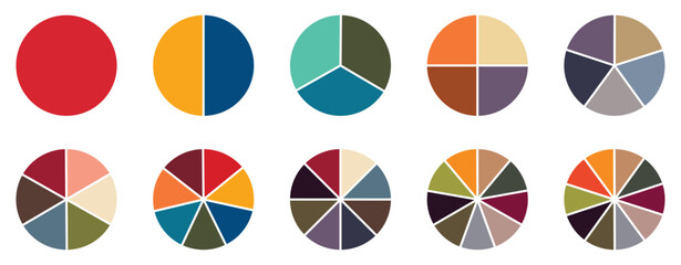 Pie chart set, colored segmented circle icons, pie chart divided equal parts, ring percentage wheel, circle diagram with sections