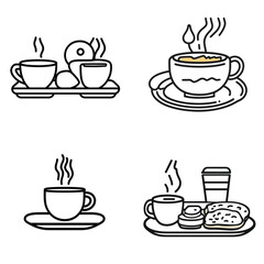 Coffee and Breakfast Icons. Espresso Cups, Donuts, and Takeaway Coffee. Line Art