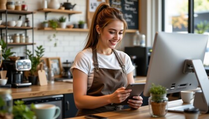 Cafe scene young barista engaging with customers urban coffee shop digital interaction bright atmosphere
