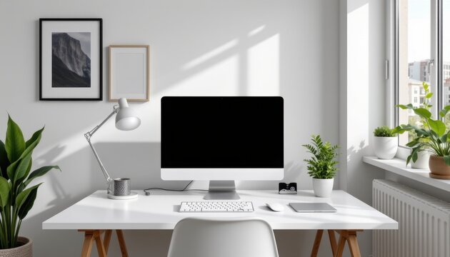 Creative workspace setup for productivity home office interior design bright environment aerial view modern concept