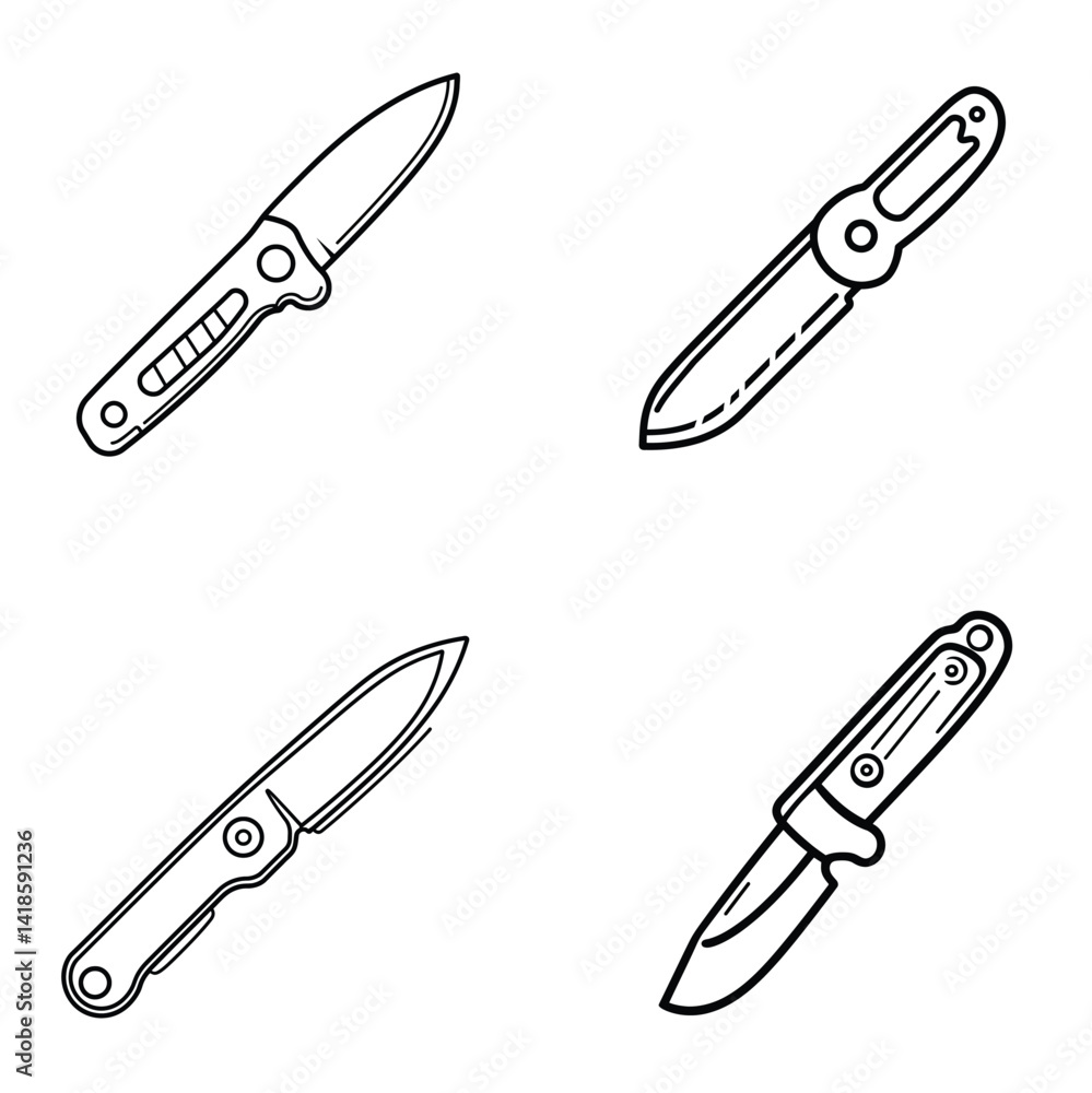 Poster collection of folding knives with line art style on transparent background