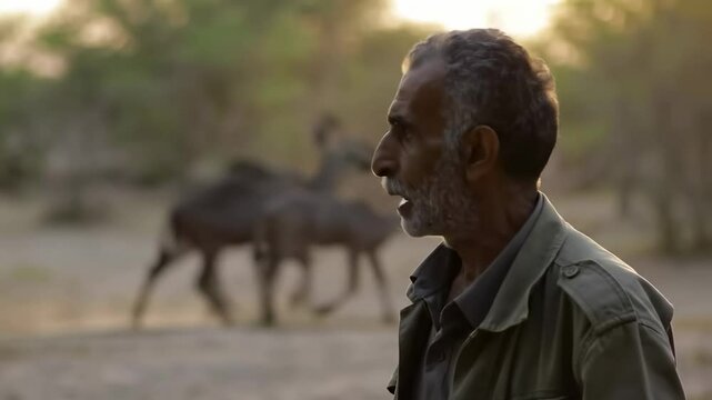Elderly Man Observing Camels in the Wilderness During Sunset, Showcasing the Tranquility of Nature