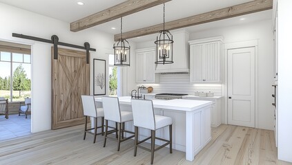 Farmhouse kitchen interior, bright and airy