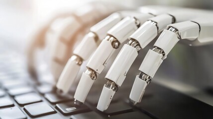 Robotic hand typing on laptop, office background, automation concept