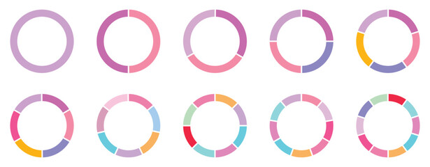 Pie charts diagram set. Circle pie charts 1,2,3,4,5,6,7,8,9,10,11,12 sections. Wheel round segment infographic part, Vector illustration