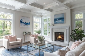 Bright New England living room with white walls, coffered ceiling, pastel-colored accents, comfortable chairs, and artwork above the fireplace.